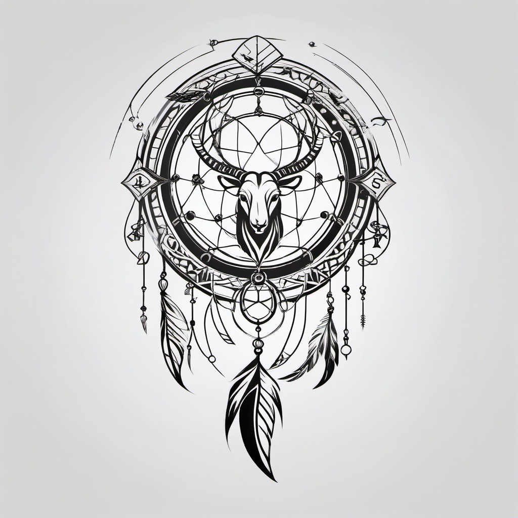 Capricorn Dream Catcher Tattoo - Tattoo combining a dream catcher with Capricorn zodiac symbols.  simple vector tattoo,minimalist,white background