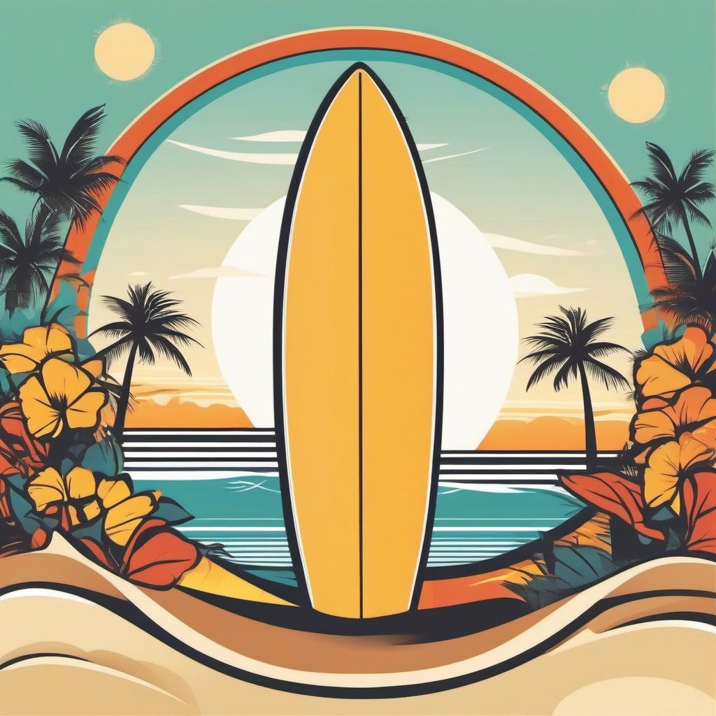 Board Clipart - Surfer's board on a tropical beach under the sun.  color clipart, minimalist, vector art, 