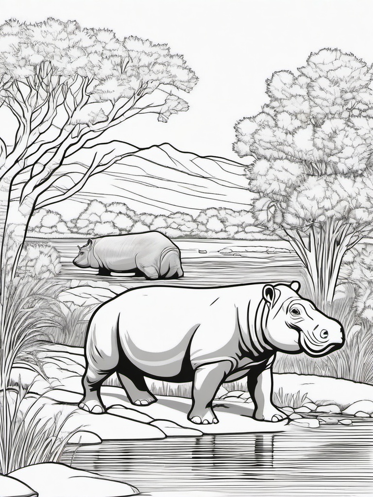 Hippopotamus Coloring Pages - Large River Dwelling Mammal  black outline printable coloring page