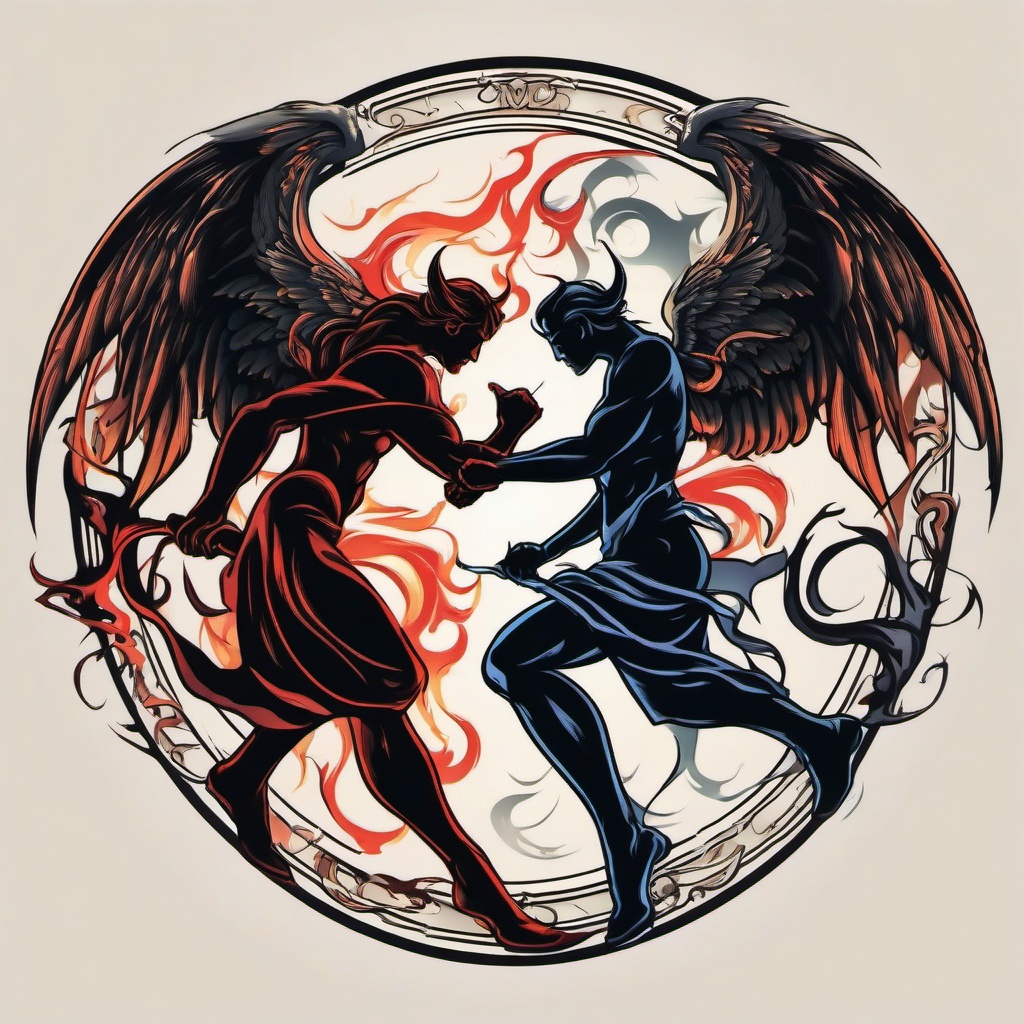 Angel and Demon Fighting Tattoo-Expressing the eternal conflict between light and dark with an angel and demon fighting tattoo, symbolizing duality.  simple vector color tattoo