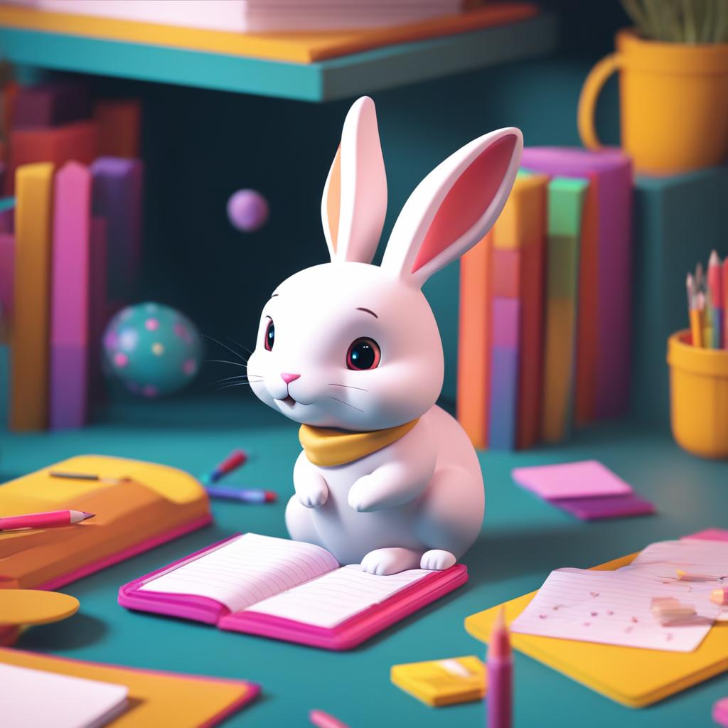 cute rabbit writing bright colors cinematic 8k