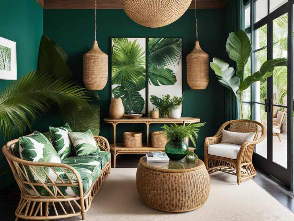 tropical-themed living room with palm leaf prints and rattan furniture. 