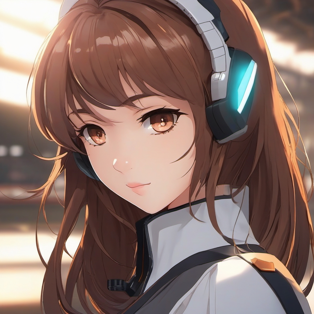 Front facing face, girl with brown hair, sharp eyes in a high-tech academy.  close shot of face, face front facing, profile picture pfp, anime style