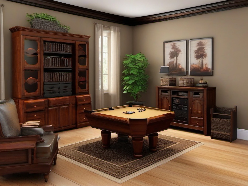 Colonial gamer room features classic wooden furniture, warm colors, and simple decor that provide a cozy and timeless environment for gaming.  