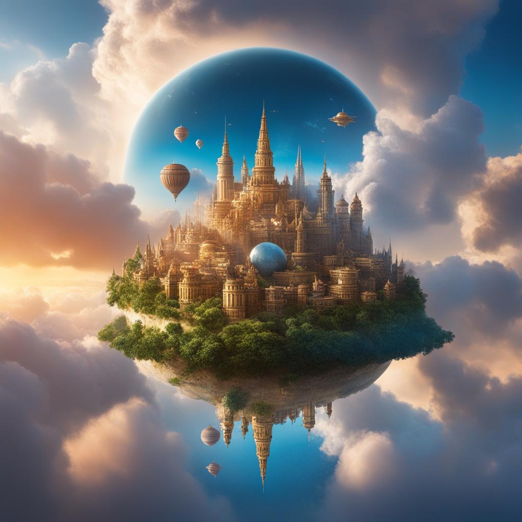 magical, floating city among the clouds, home to beings of wonder and awe. 