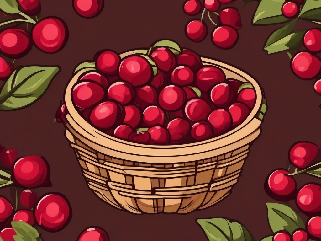 Cranberry Harvest Basket Clipart - Basket filled with freshly harvested cranberries.  color vector clipart, minimal style