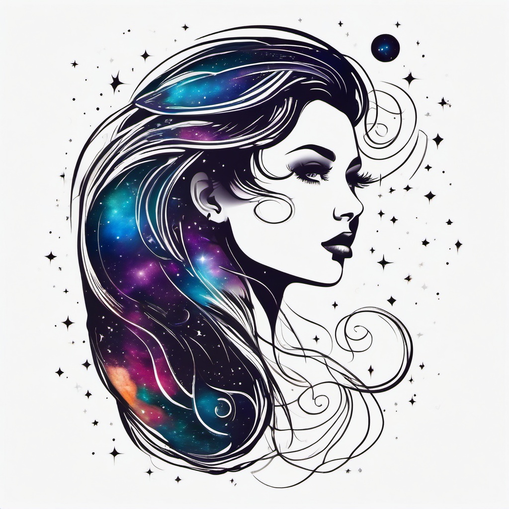 Galaxy Tattoo - A colorful galaxy tattoo with distant stars  few color tattoo design, simple line art, design clean white background