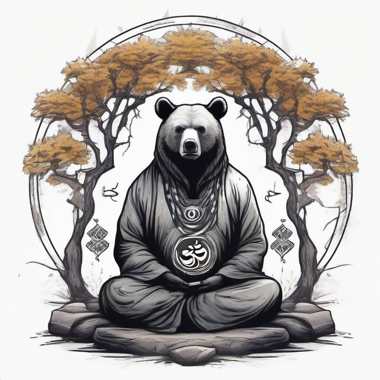 A bear in robes meditating under a sacred tree with OM symbol in the background  ,tattoo design, white background
