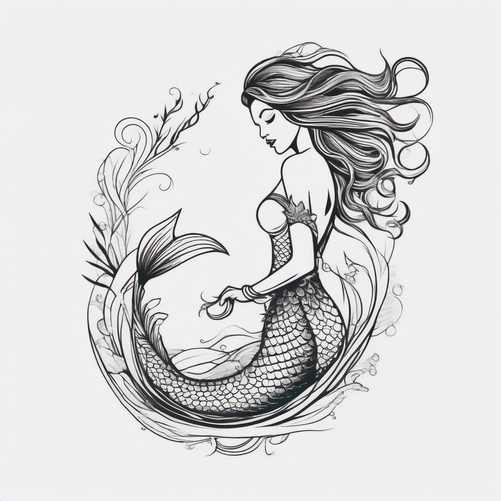 Mermaid Tattoo - Mythical creature symbolizing freedom and allure  minimal tattoo design,white background