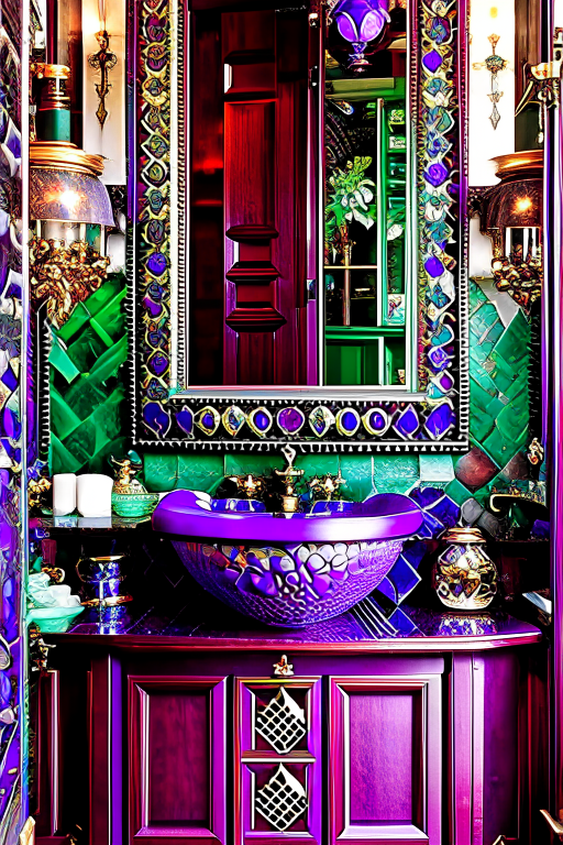 dragon's treasure bathroom adorned with opulent gemstone tiles and dragon-scale decor. 