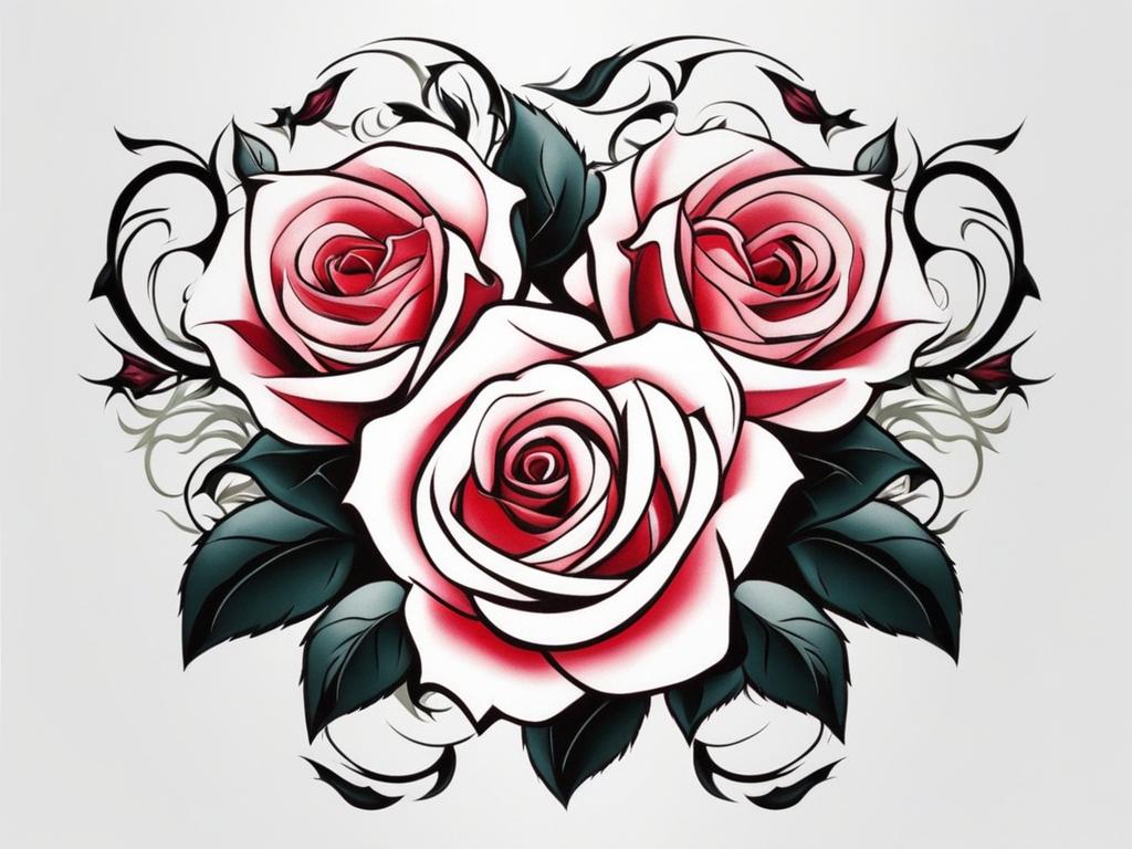 Thorned rose tattoo, Tattoos featuring roses with thorns, symbolizing strength and beauty.  color, tattoo patterns, white clean background