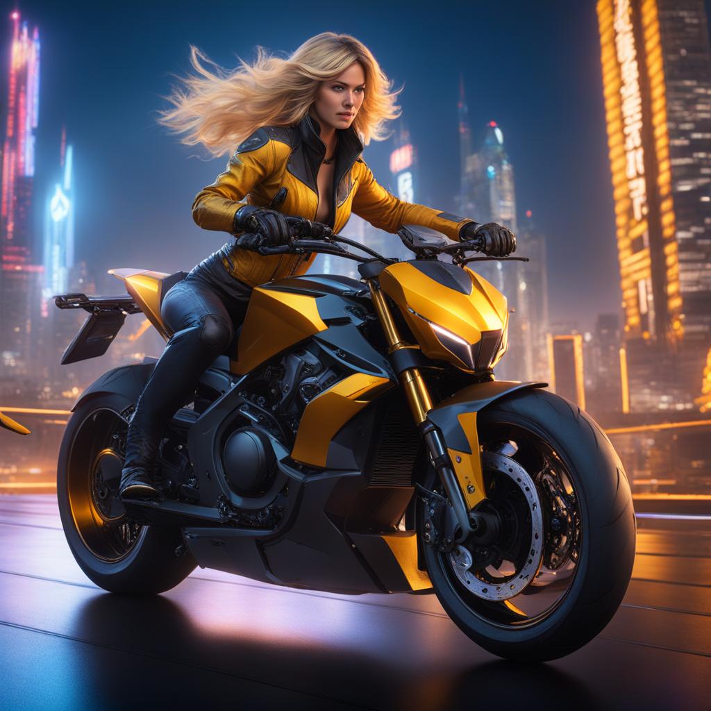 yang xiao long,participating in an exhilarating high-speed race atop her motorcycle,a futuristic cityscape detailed matte painting, deep color, fantastical, intricate detail, splash screen, complementary colors, fantasy concept art, 8k resolution trending on artstation unreal engine 5