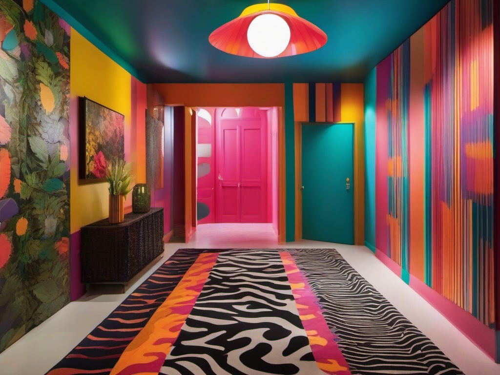 The hallway showcases psychedelic interior design through bold patterns, vibrant colors, and unique decor, creating a dynamic and visually interesting passage.  