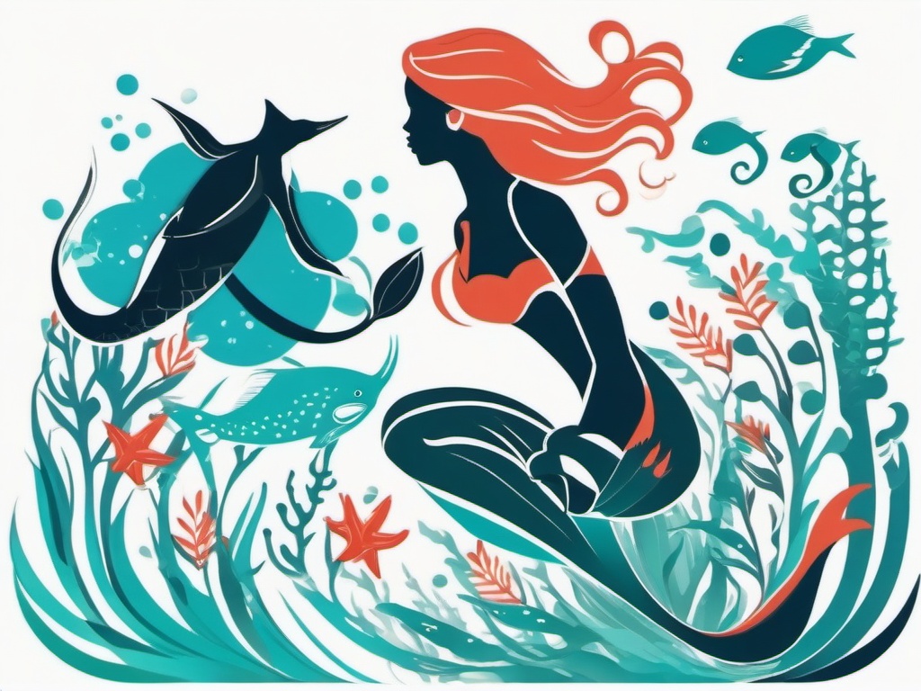 Diver and Mermaid Tattoo - Capture the underwater spirit with a tattoo featuring a diver alongside a mermaid.  simple vector color tattoo,minimal,white background