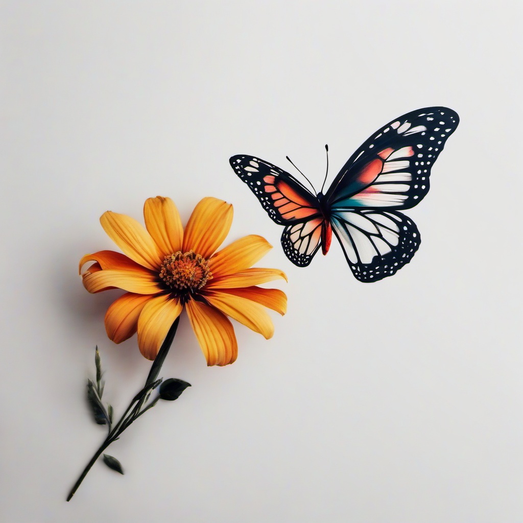 half butterfly flower tattoo  simple color tattoo, minimal, white background