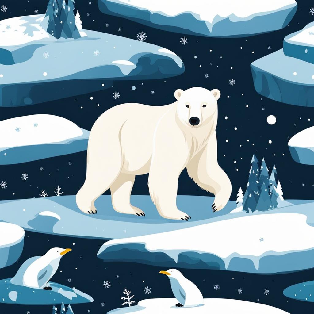 capture the magic of a snowy night with a playful polar bear and penguins. 