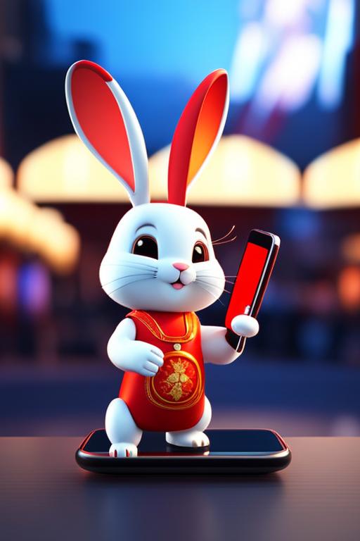 Smiling, happy, cute rabbit bunny robot working on a smartphone, long ears, lunar new year parade, celebration vibe, red main color, congratulation, gongxi facai, fireworks, 3d render, unreal engine 5