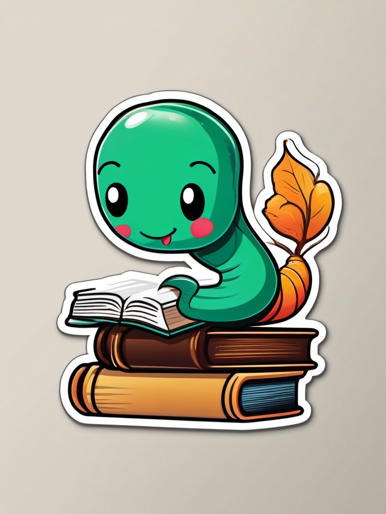 Bookworm Sticker - Happy worm reading a tiny book, ,vector color sticker art,minimal