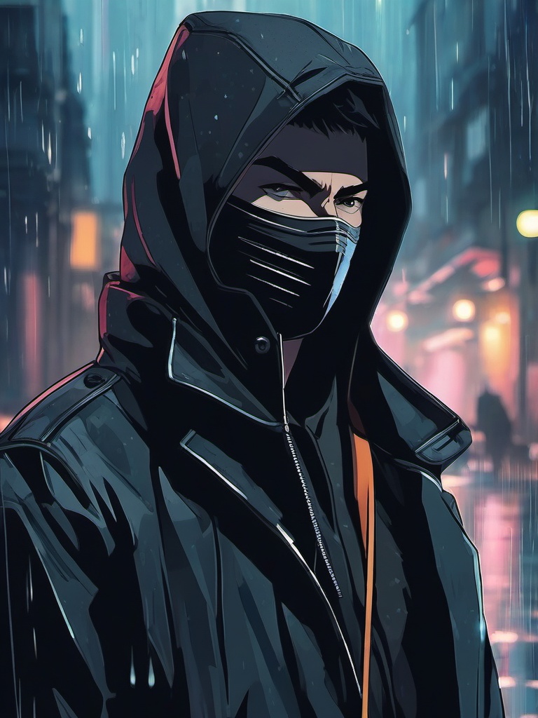 Enigmatic masked vigilante in a rainy city.  front facing ,centered portrait shot, cute anime color style, pfp, full face visible