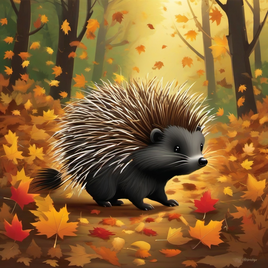 Porcupine cartoon - Porcupine shuffling through fallen leaves  