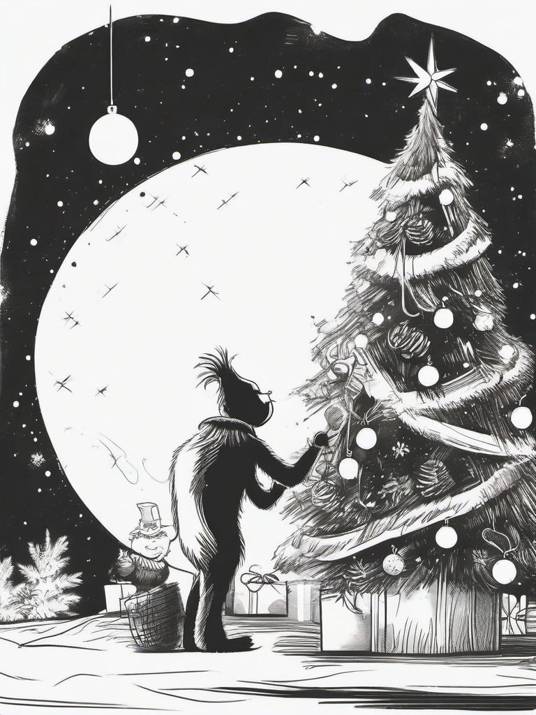 drawing of The Grinch decorating a tree  minimal rough sketch scribbles,doodles,black and white