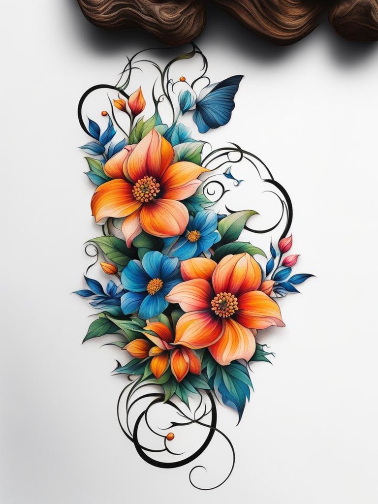 Flowers and vines tattoo, Creative tattoos featuring both flowers and vines.  vivid colors, white background, tattoo design