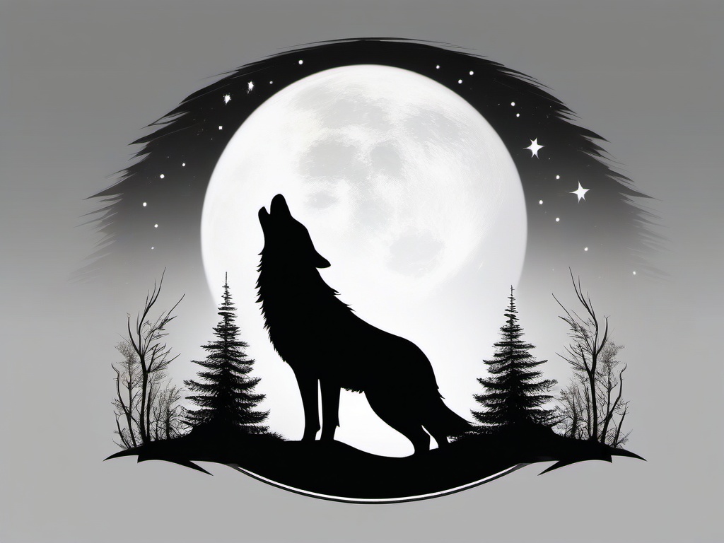 Wolf Howling Moon Tattoo,mystical moment, wolf's mournful howl beneath the luminous moon, profound connection with the night sky. , tattoo design, white clean background