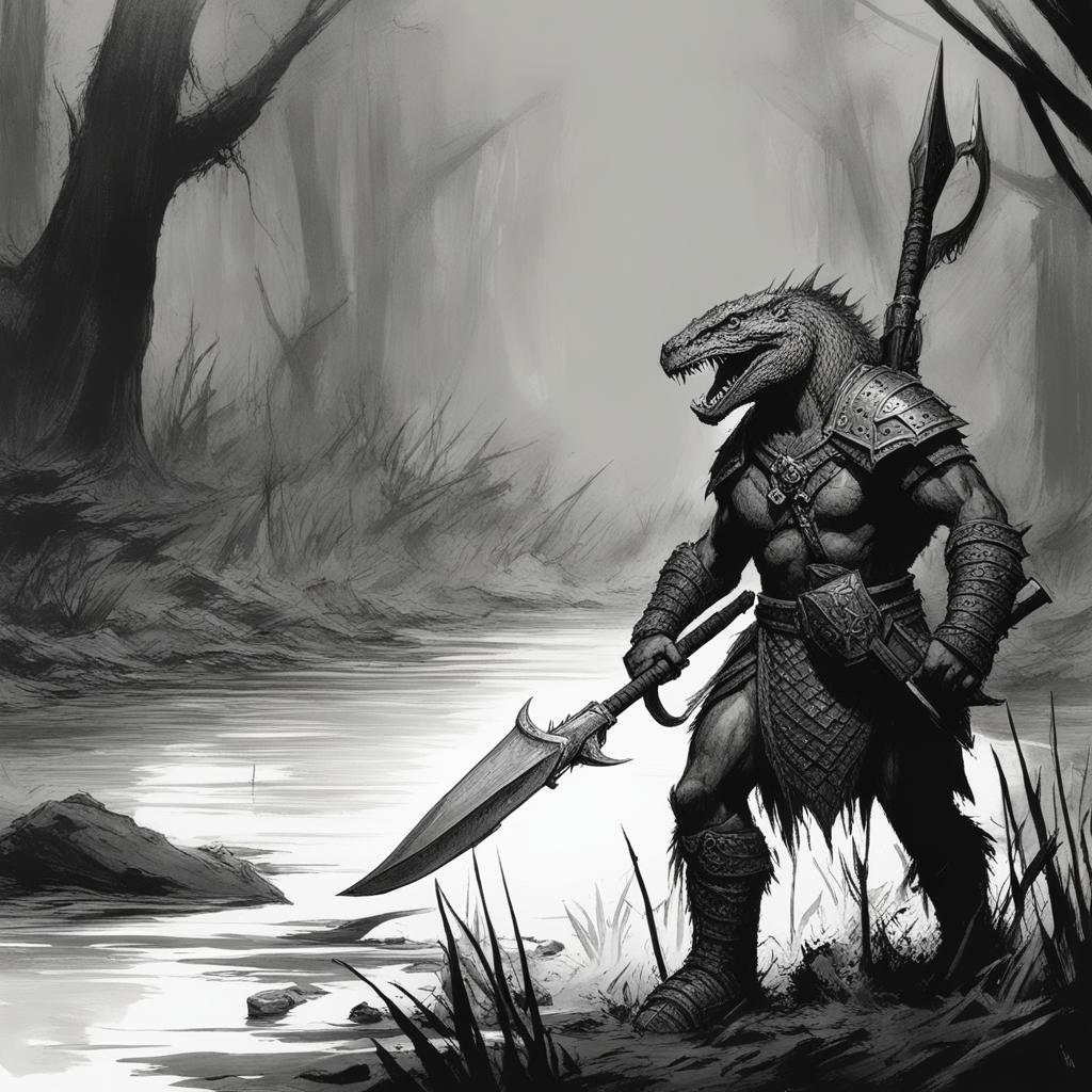 lizardfolk barbarian in a swamp battle - sketch a lizardfolk barbarian battling in the murky depths of a swamp, primal fury unleashed. 