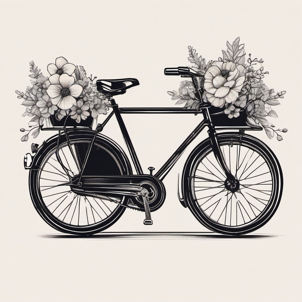 Retro bike and flowers ink. Nature's ride.  minimal color tattoo design