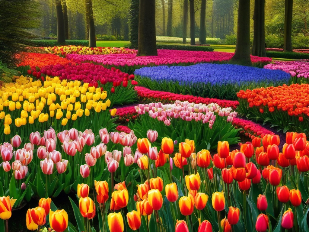 Flower Background - Keukenhof Gardens in the Netherlands wallpaper splash art, vibrant colors, intricate patterns