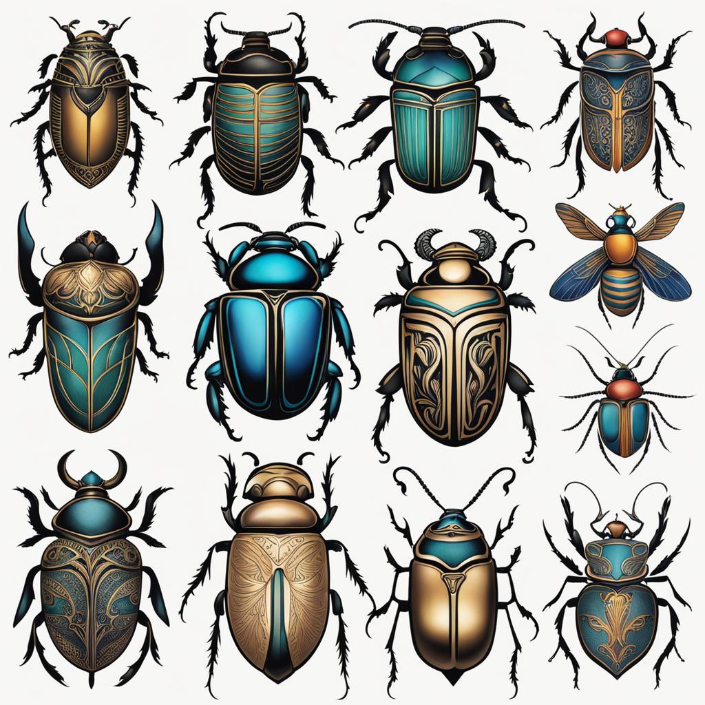 Scarab beetle tattoos, Tattoos inspired by the symbolism and beauty of scarab beetles. colors, tattoo patterns, clean white background