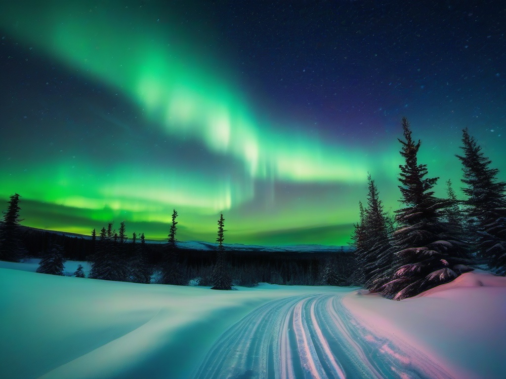 Christmas wallpaper - Frosty night sky with northern lights over a snow-covered landscape  aesthetic background wallpaper