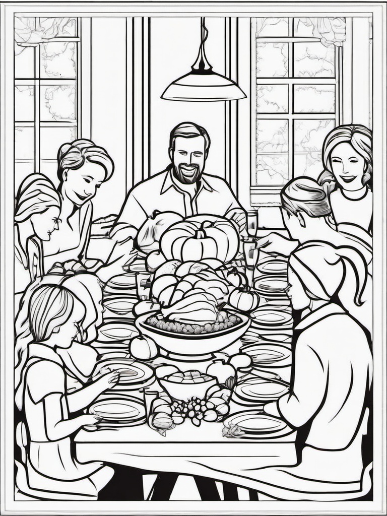 Feasting Family Coloring Pages - Togetherness Around the Thanksgiving Table  minimal black outline printable sheet, coloring page