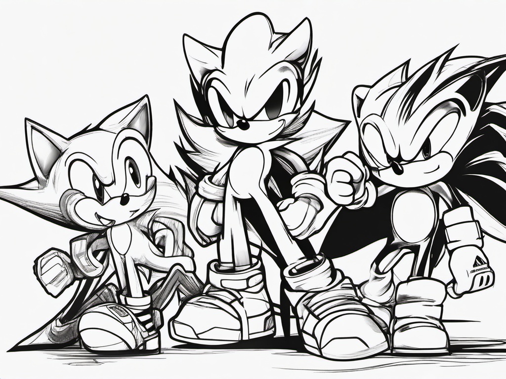 drawing of Sonic next to his friends  minimal rough sketch scribbles,doodles,black and white