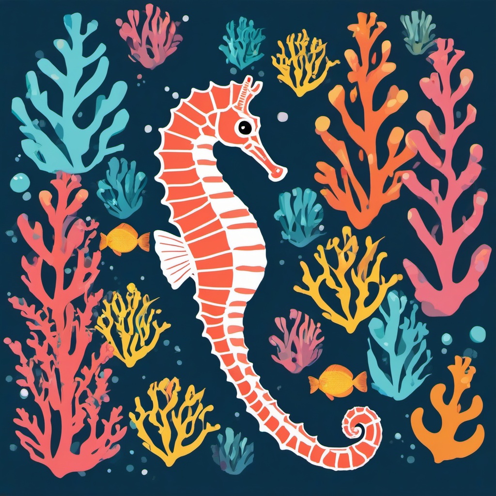 Seahorse Clipart - Seahorse floating among colorful coral reefs , minimal, 2d