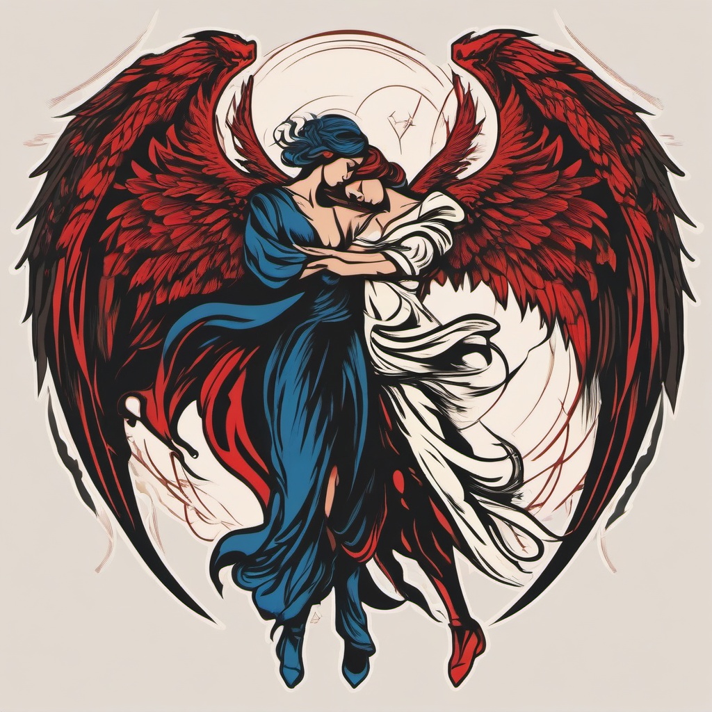 Angel and Demon Tattoo-Capturing the balance of opposing forces with an angel and demon tattoo, symbolizing the eternal dance of good and evil.  simple vector color tattoo