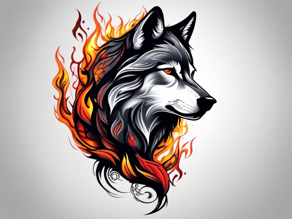 wolf fire tattoo  simple color tattoo,white background