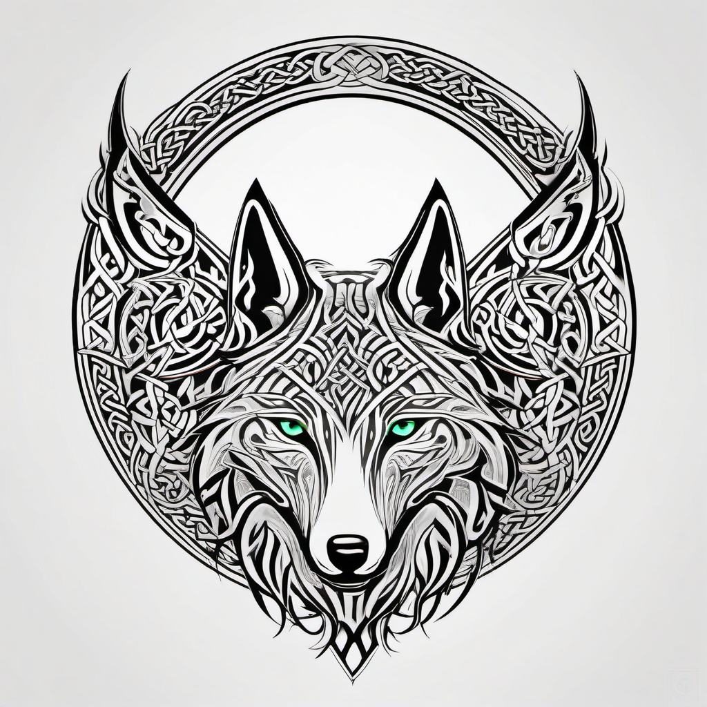 Celtic Tribal Wolf Tattoo,tribal wolf art infused with intricate Celtic patterns, celebration of ancient wisdom. , tattoo design, white clean background