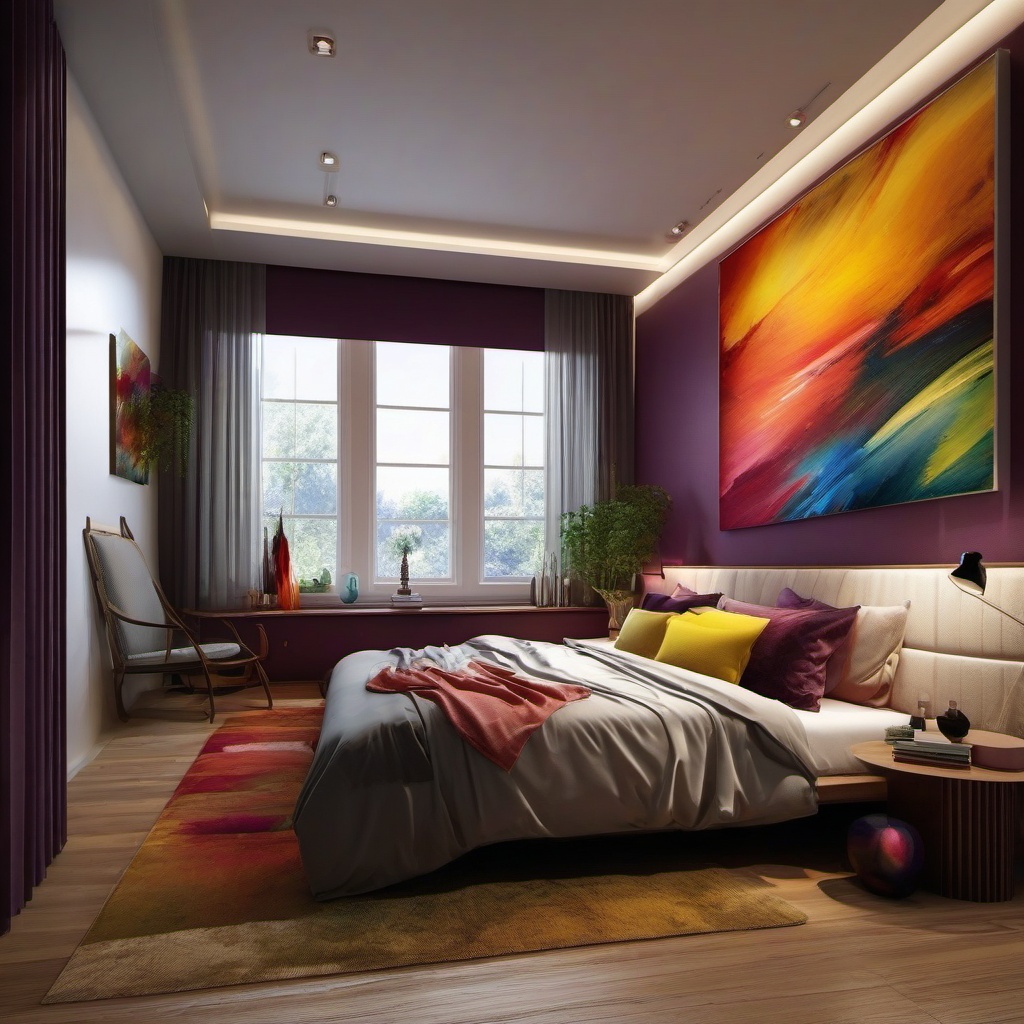 Artistic Gallery Bedroom - Create a bedroom with an artistic gallery space for creativity. , bedroom interior decor design ideas, multicoloured, photo realistic, hyper detail, high resolution,