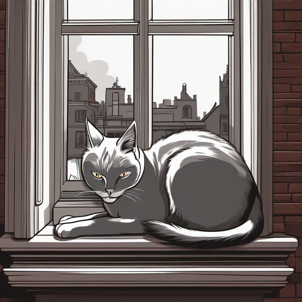 Cat cartoon - Cat curled up on a cozy windowsill  