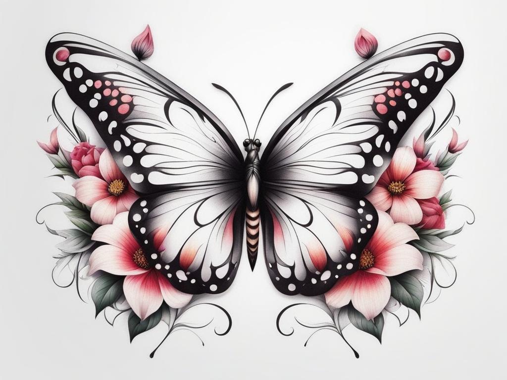 Butterfly and flower tattoo, Tattoos combining the elegance of butterflies with the beauty of flowers. colors, tattoo patterns, clean white background