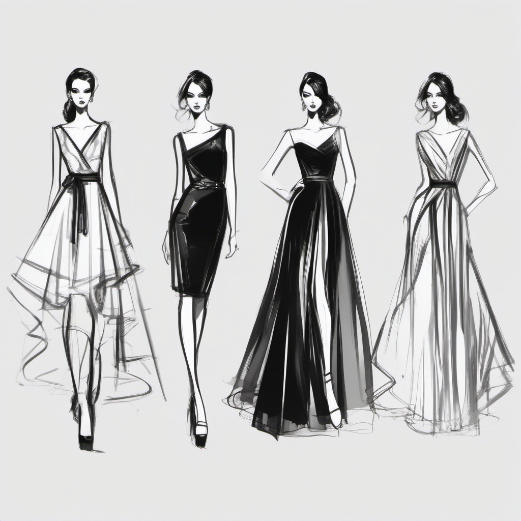 sketches of fashion dresses  minimal rough sketch scribbles,doodles,black and white