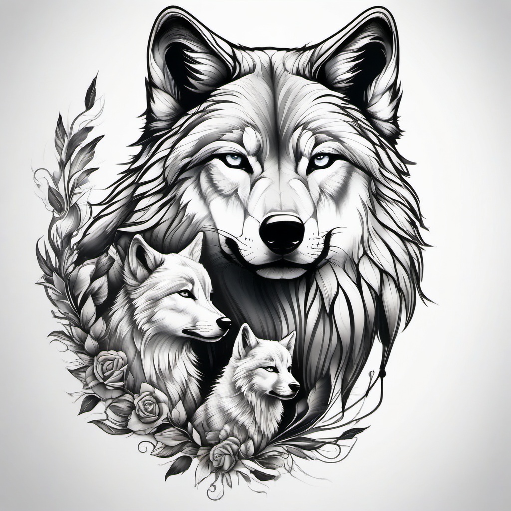 Wolf and Cub Tattoo,tattoo depicting a wolf with its cub, testament to maternal love and family bonds. , tattoo design, white clean background