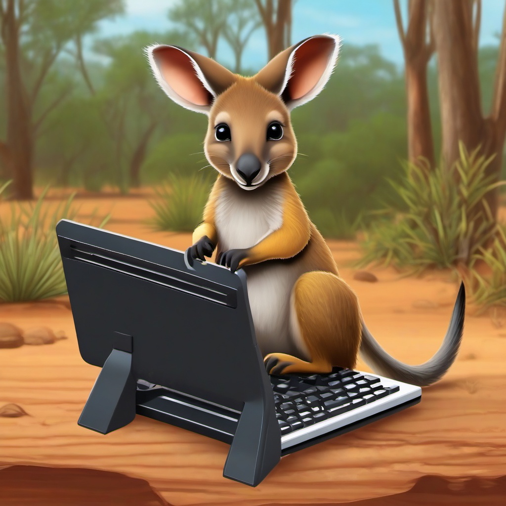 Cute Wallaby in the Australian Outback holding a gaming keyboard clipart, simple