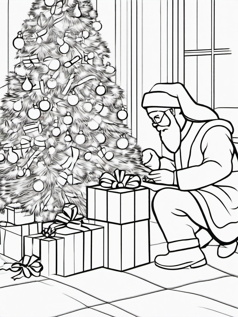 Santa Delivering Gifts Coloring Pages - Placing Presents Under the Christmas Tree  minimal black outline printable sheet, coloring page