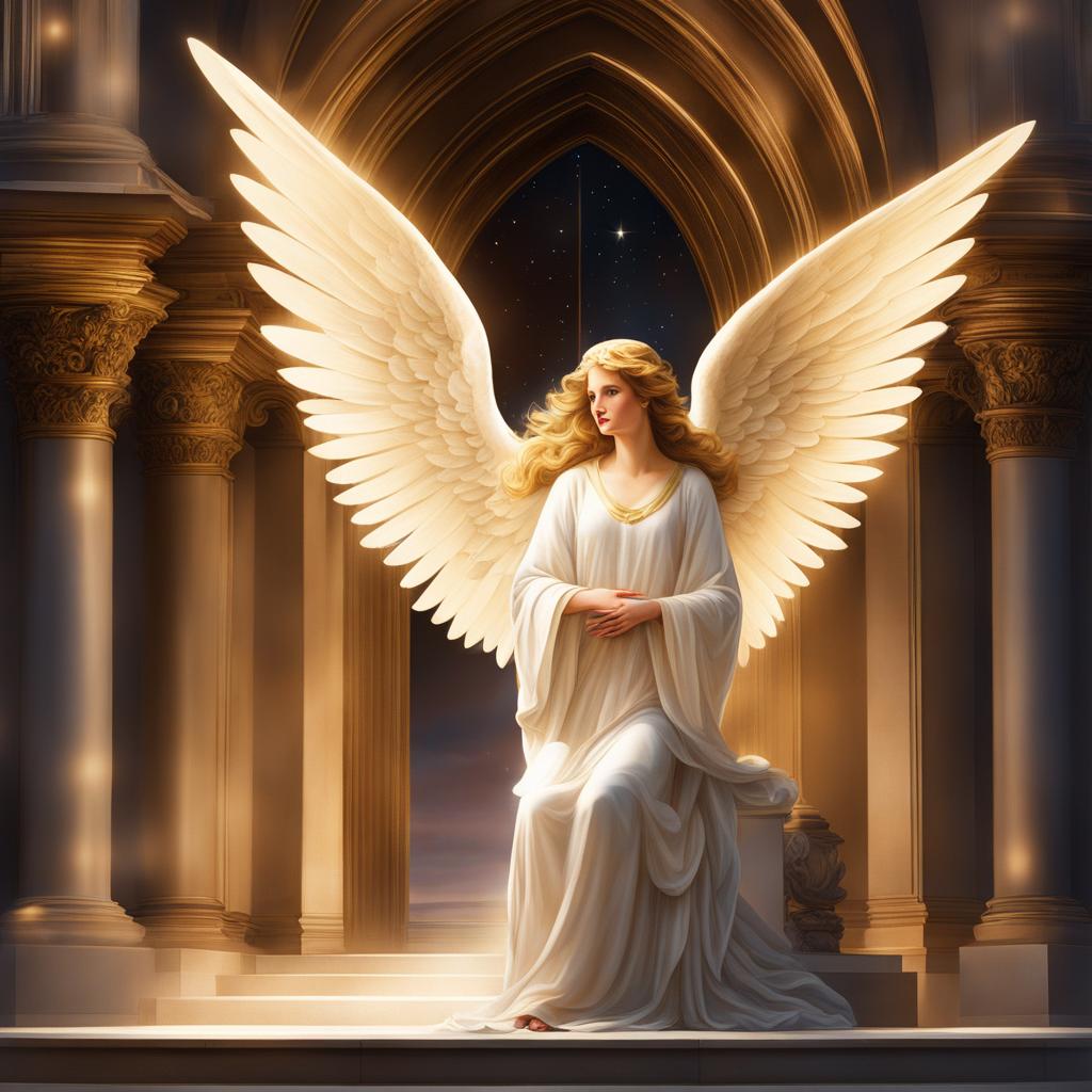 angel clipart - a serene angel, with celestial wings and a radiant halo, watching over a cathedral's altar 