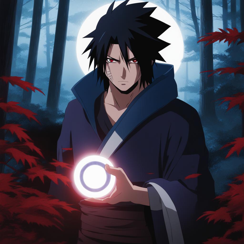 sasuke uchiha activates his sharingan, preparing for a confrontation in a moonlit forest. 