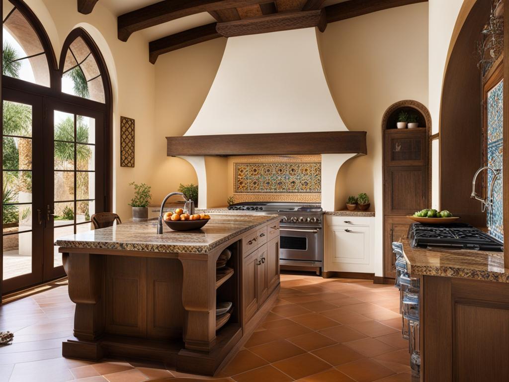 spanish-inspired kitchen with hand-painted tiles and arched doorways. 