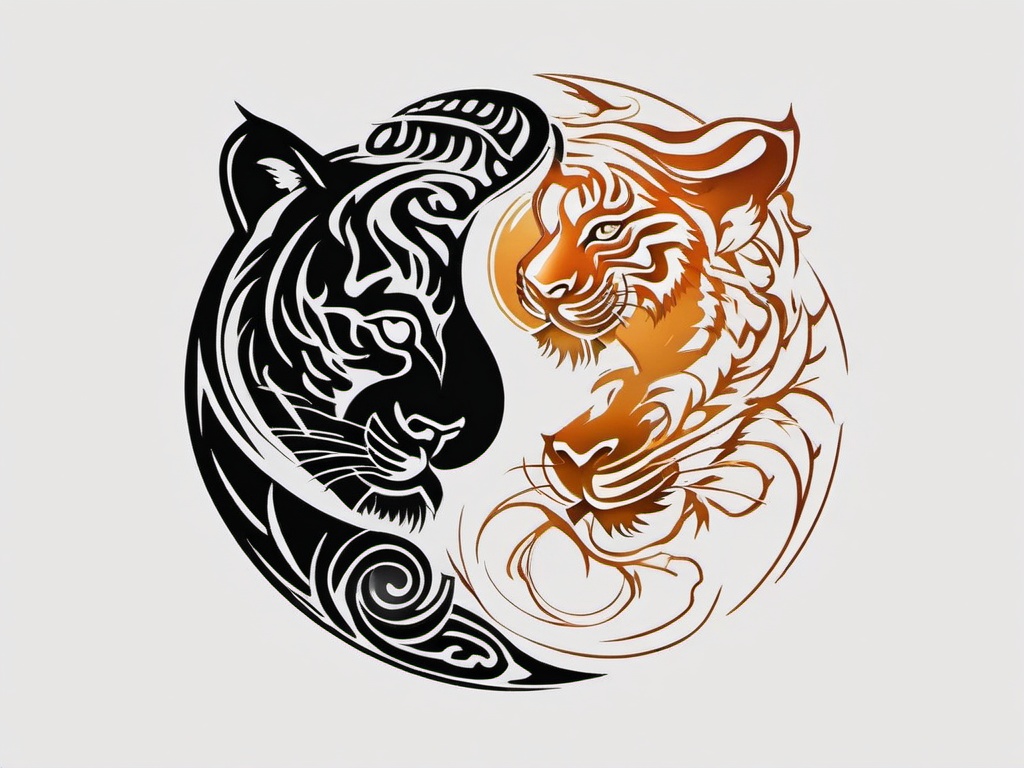 Tiger Yin Yang Tattoo - Symbolic Yin Yang tattoo featuring a tiger and dragon.  simple color tattoo,minimalist,white background