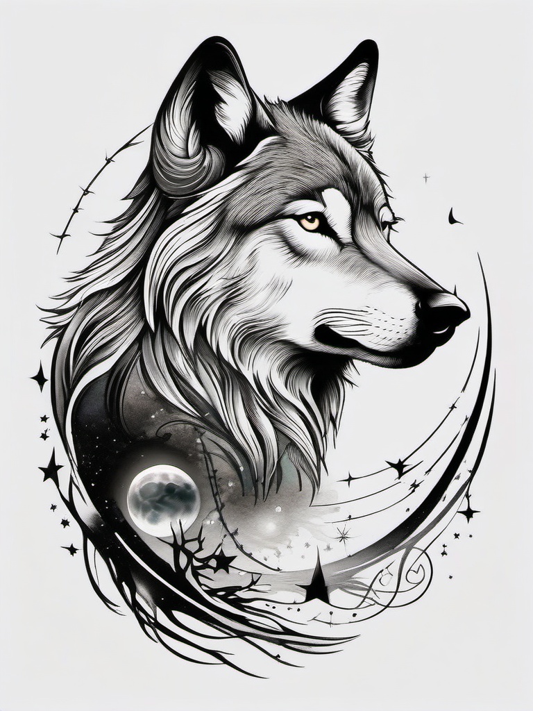 Wolf and the Moon Tattoo,elegant fusion of a wolf and the moon, dance between nature and the cosmos in tattoo form. , tattoo design, white clean background